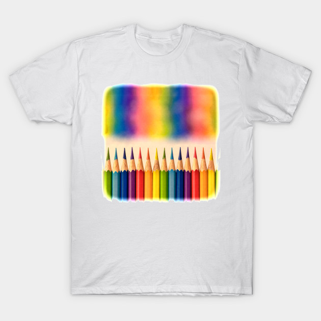 Retro style image of colorful coloring pencils with an out of focus vibrant rainbow  mural graphic above the row. by Earthworx